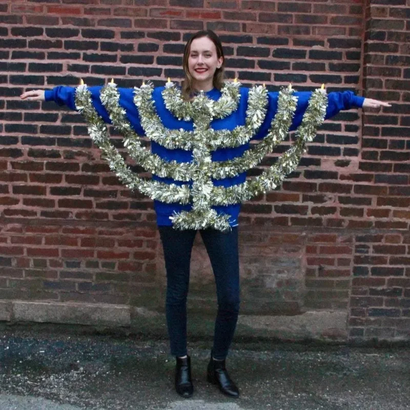 light up menorah hanukkah sweatshirt blue or white