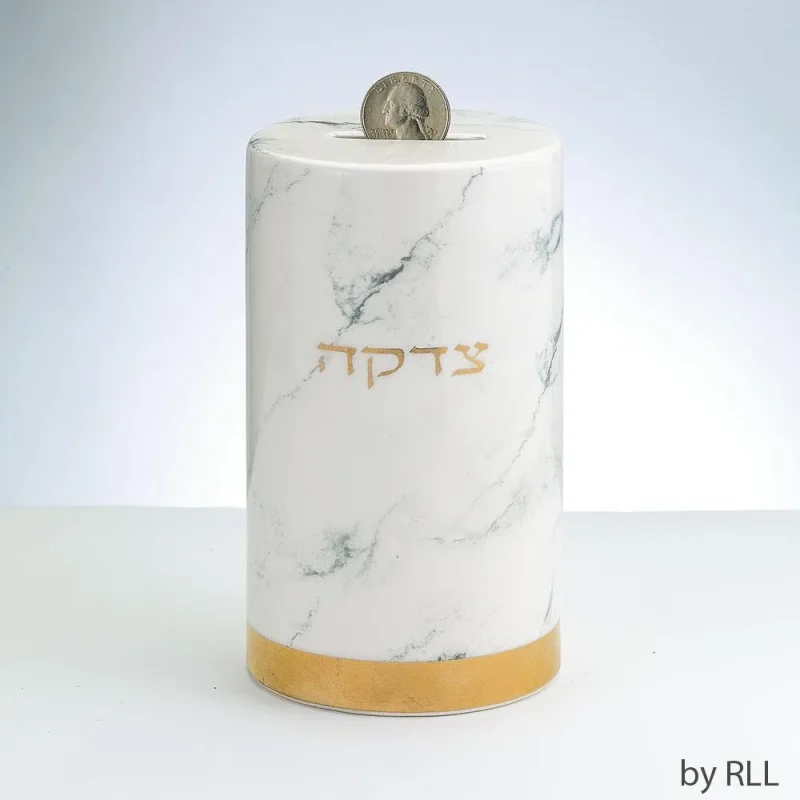 marble ceramic tzedakah box with gold accents