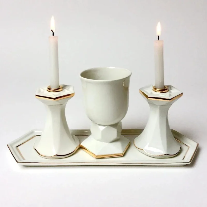 modern white gold porcelain shabbat set kiddush cup candlesticks