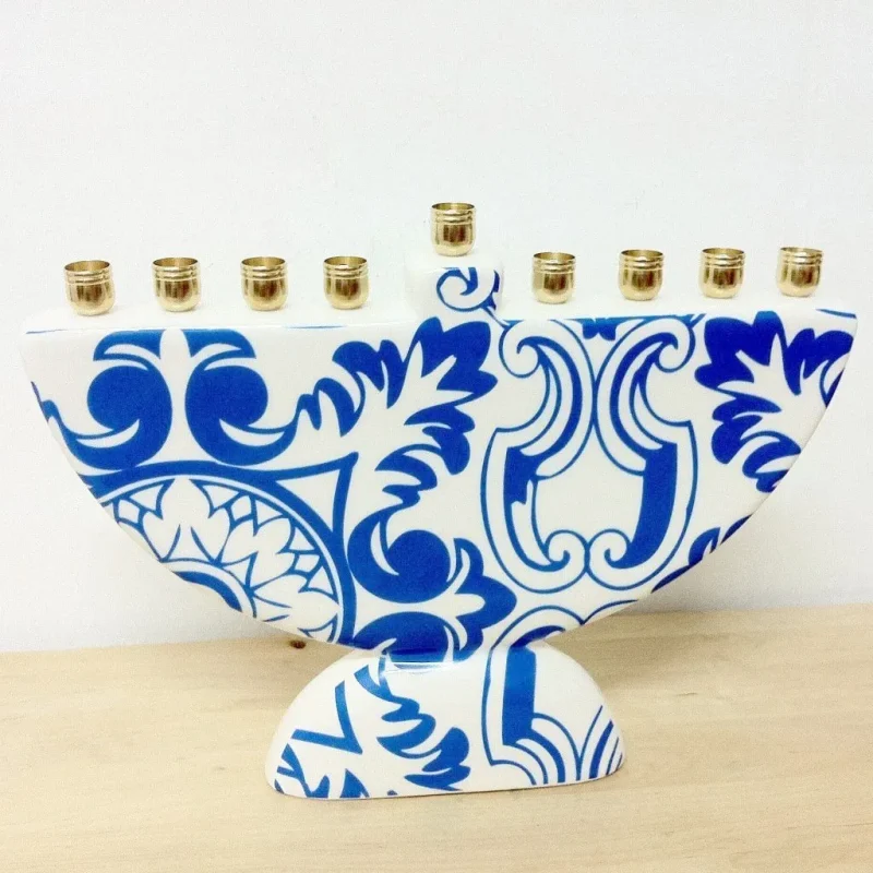 moroccan blue damask tile menorah by barbara shaw