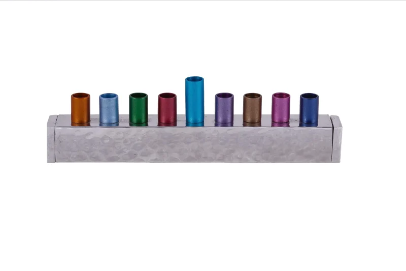 multicolored hammered strip menorah by yair emanuel scaled