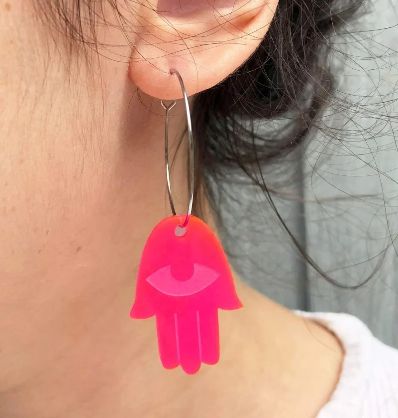 neon pink hamsa hoop earrings