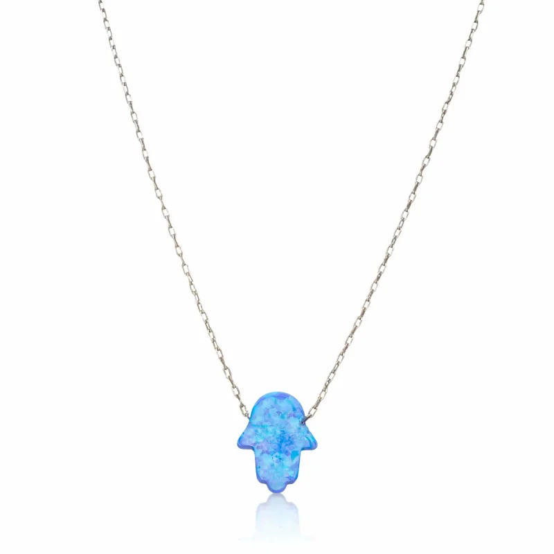 opal hamsa necklace blue gemstone jewelry