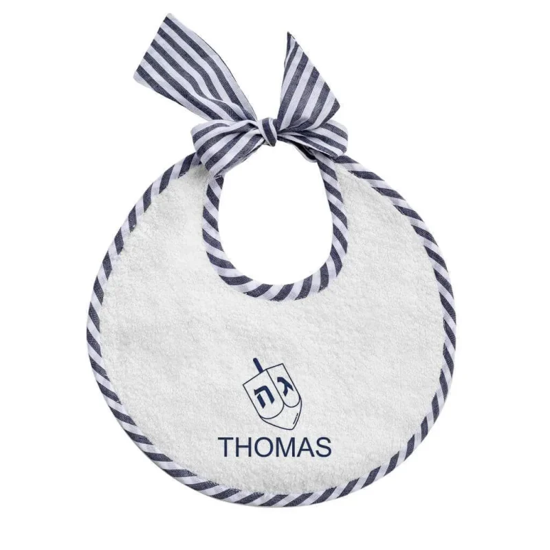 personalized blue stripe hanukkah baby bib embroidered