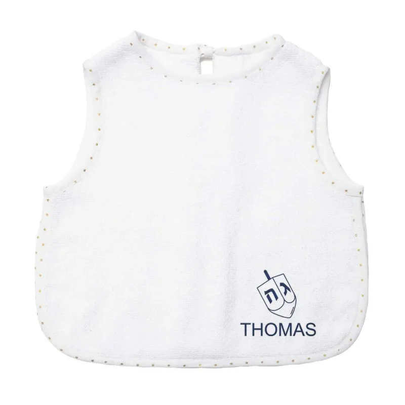 personalized hanukkah baby bib with gold dot embroidery