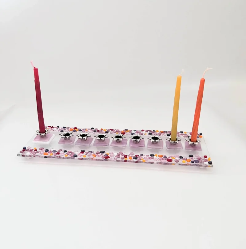 pink fused glass menorah scaled