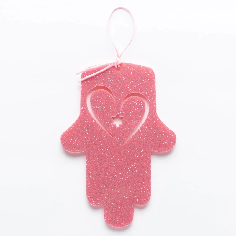 pink glitter hamsa wall decor with heart petite size