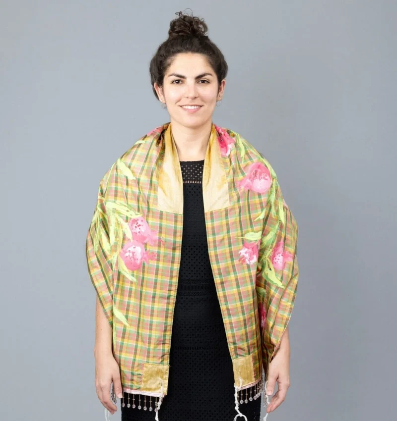 pink green yellow silk plaid tallit with pomegranate design bag