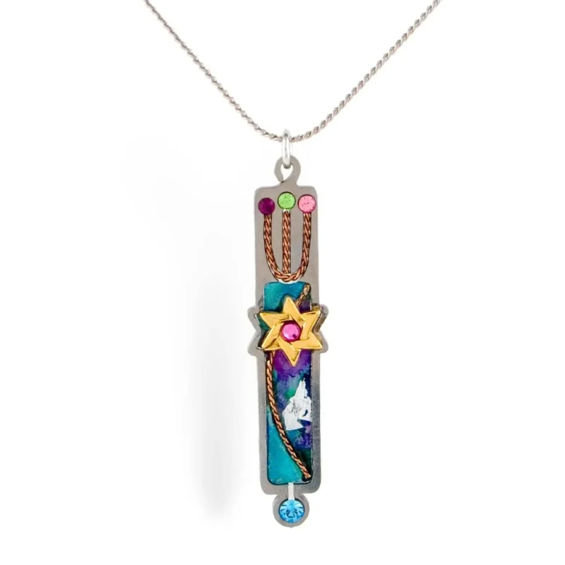 purple blue mezuzah necklace elegant judaica jewelry