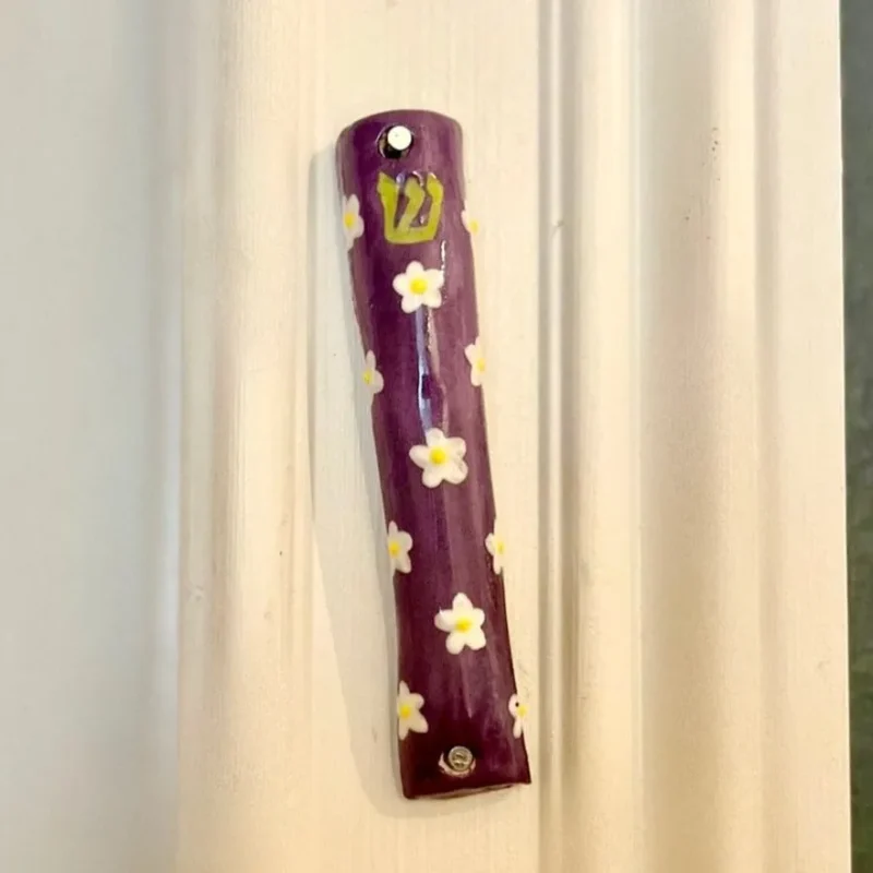 purple handmade ceramic flower mezuzah