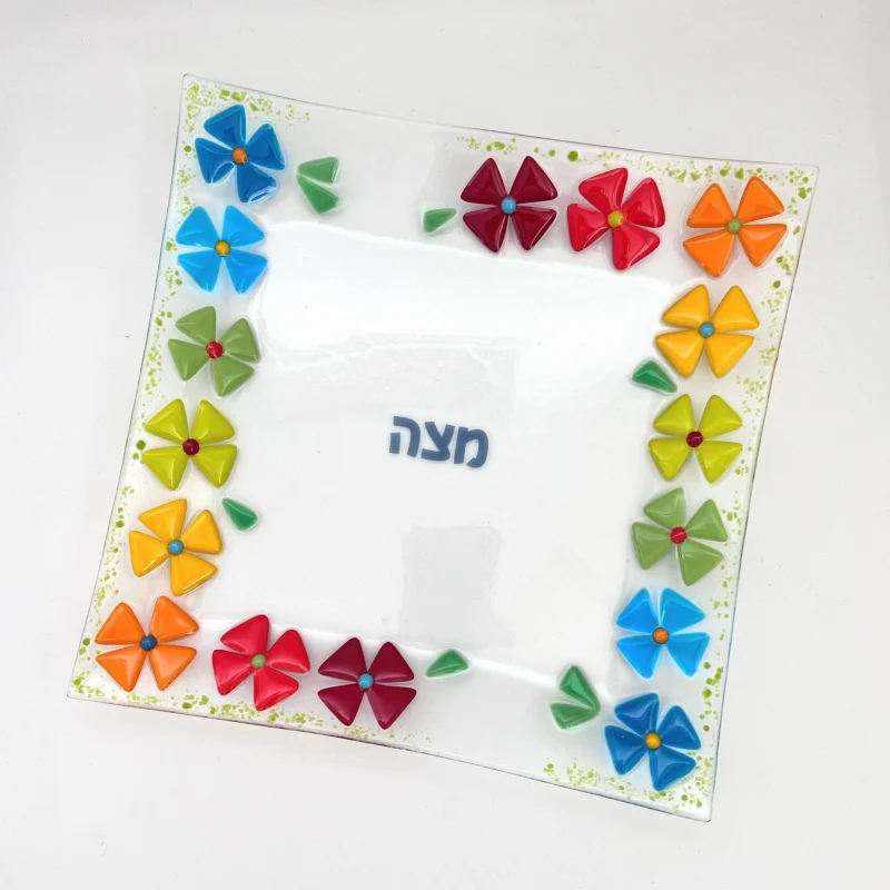 rainbow floral fused glass matzah tray scaled