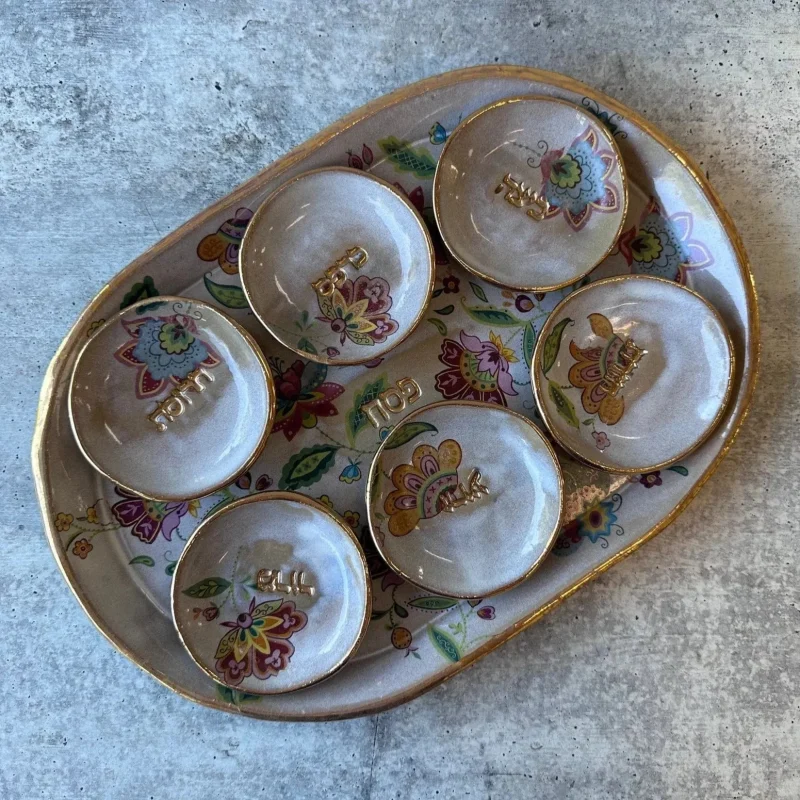 rustic ceramic seder plate with floral design