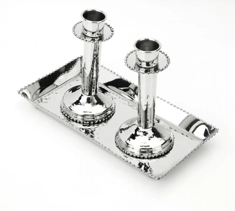 silver beaded candlesticks tray set