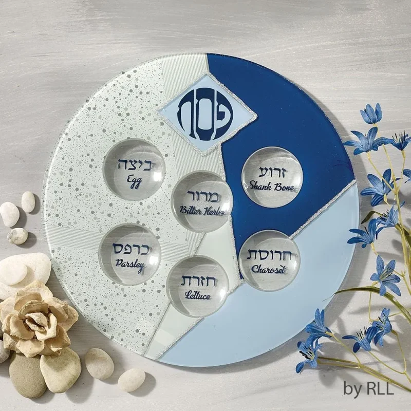 silver glitter blue glass seder plate