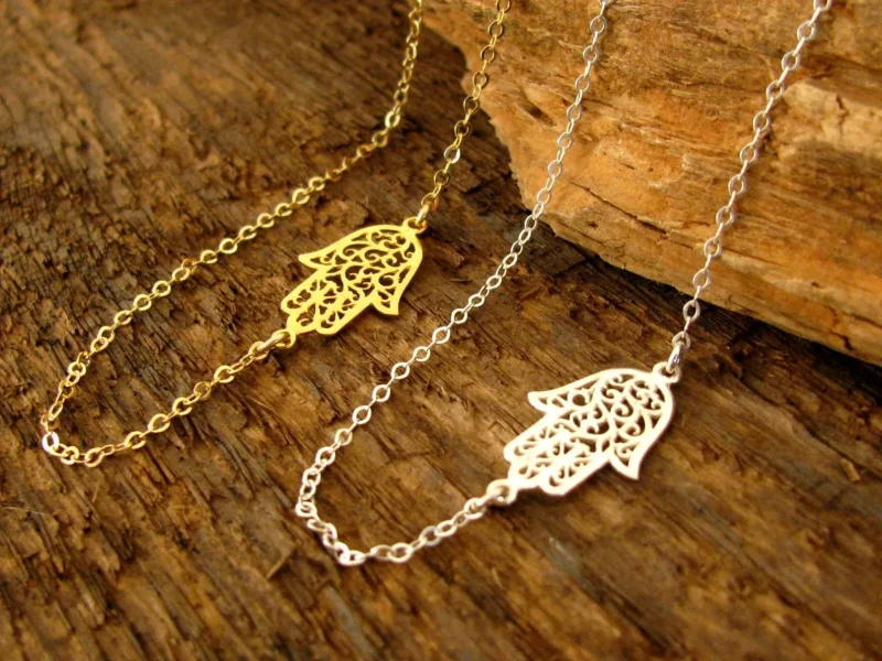 silver or gold lacy hamsa necklace