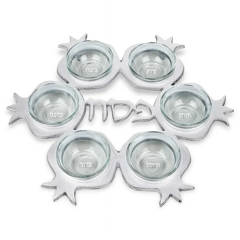 silver pomegranate seder plate with glass liners