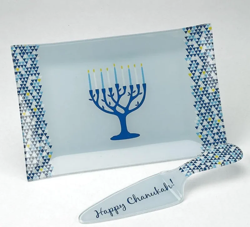 tree of life chanukah glass tray server set