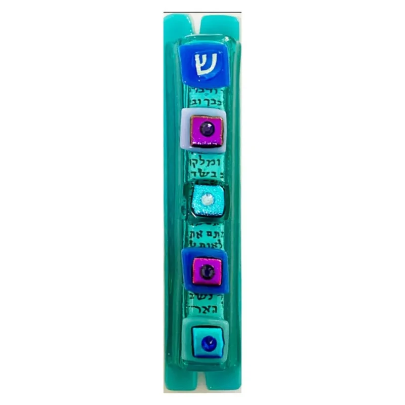 turquoise glass droplet mezuzah by sandi katz