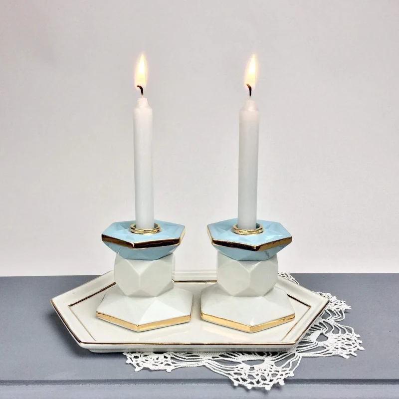 turquoise white porcelain shabbat candlesticks