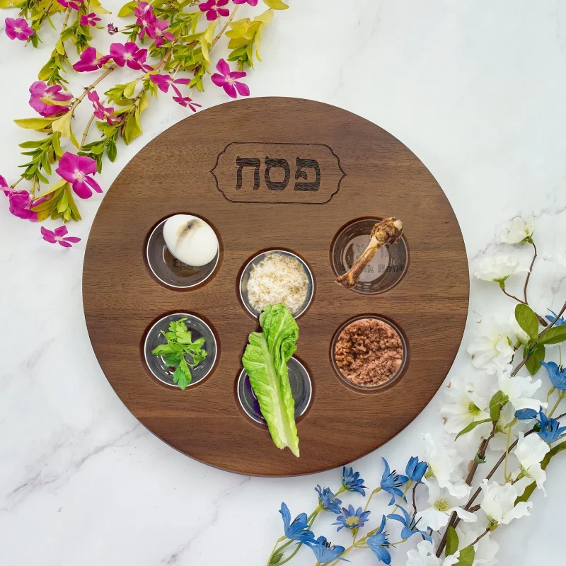 unique acacia wood seder plate with etched design