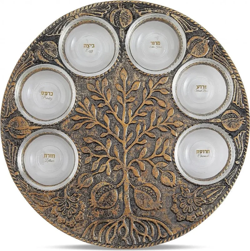 vintage gold tree of life seder plate with pomegranates