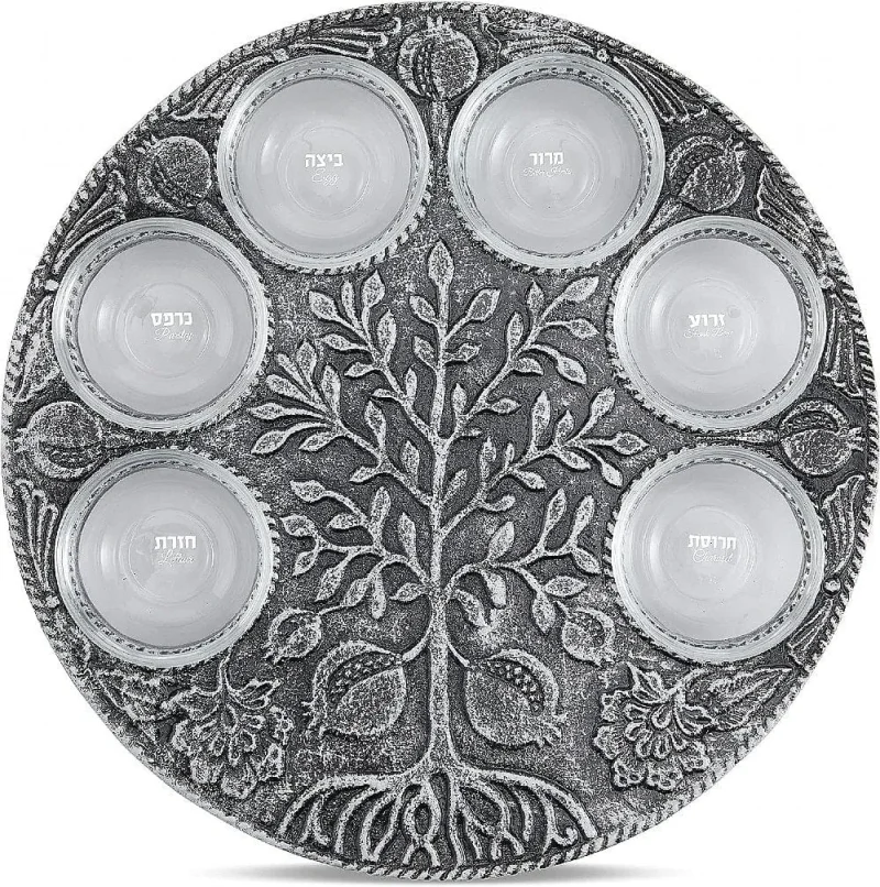 vintage silver tree of life seder plate with pomegranates