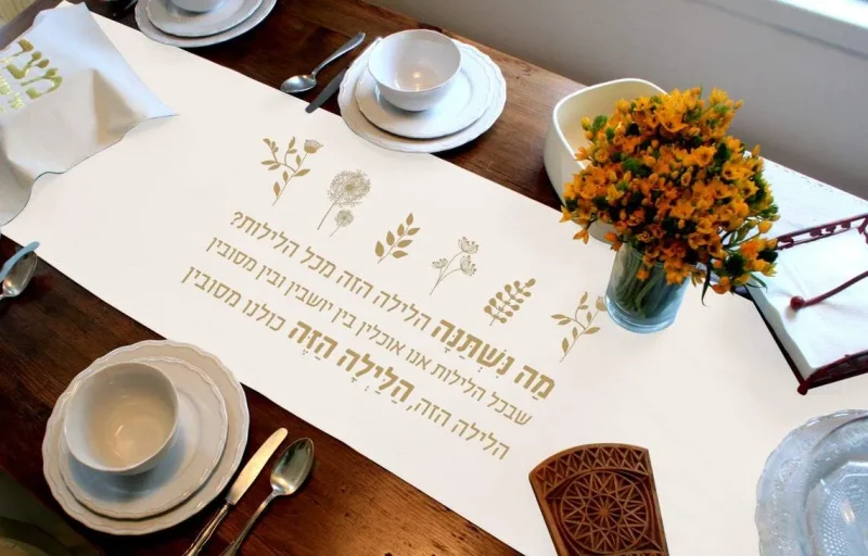 white gold seder meal table runner ma nishtana cotton