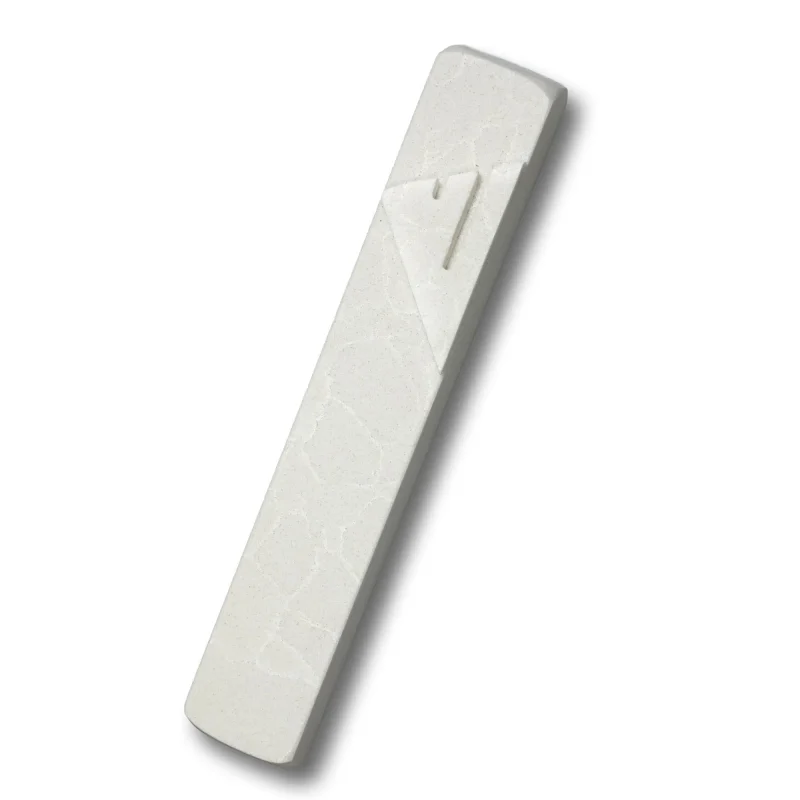 white stone mezuzah case with shin cloud white