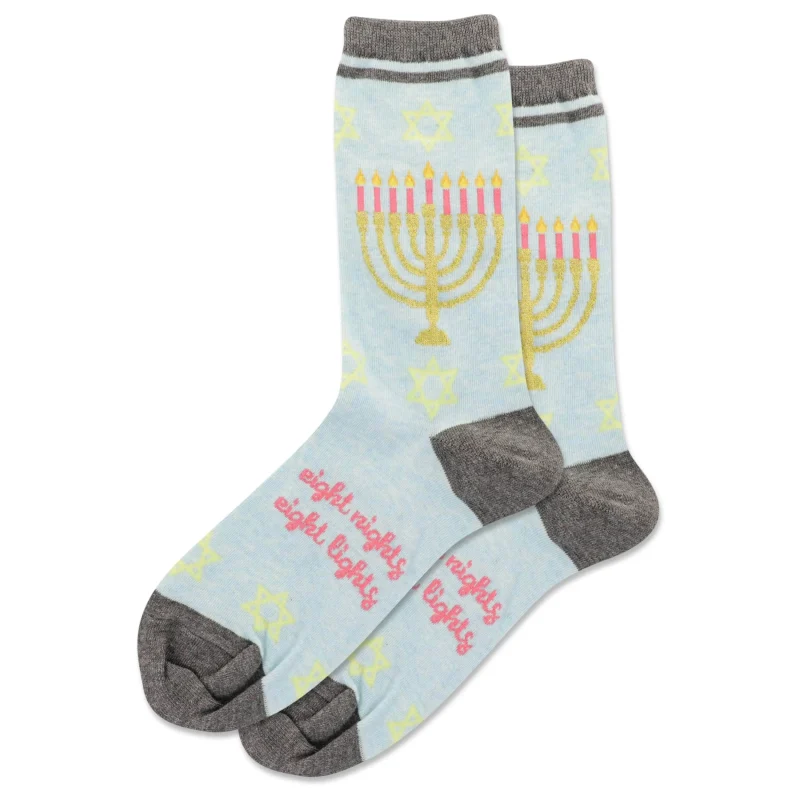 women s blue menorah crew socks 8 nights 8 lights scaled