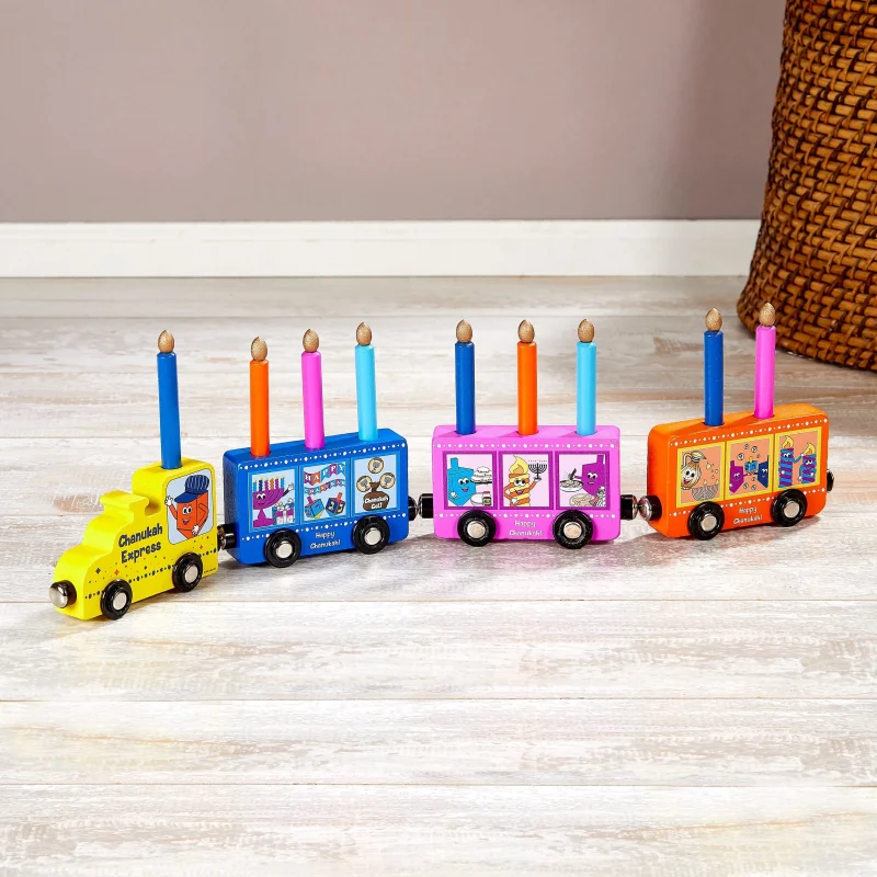 wooden train menorah for kids holiday decor